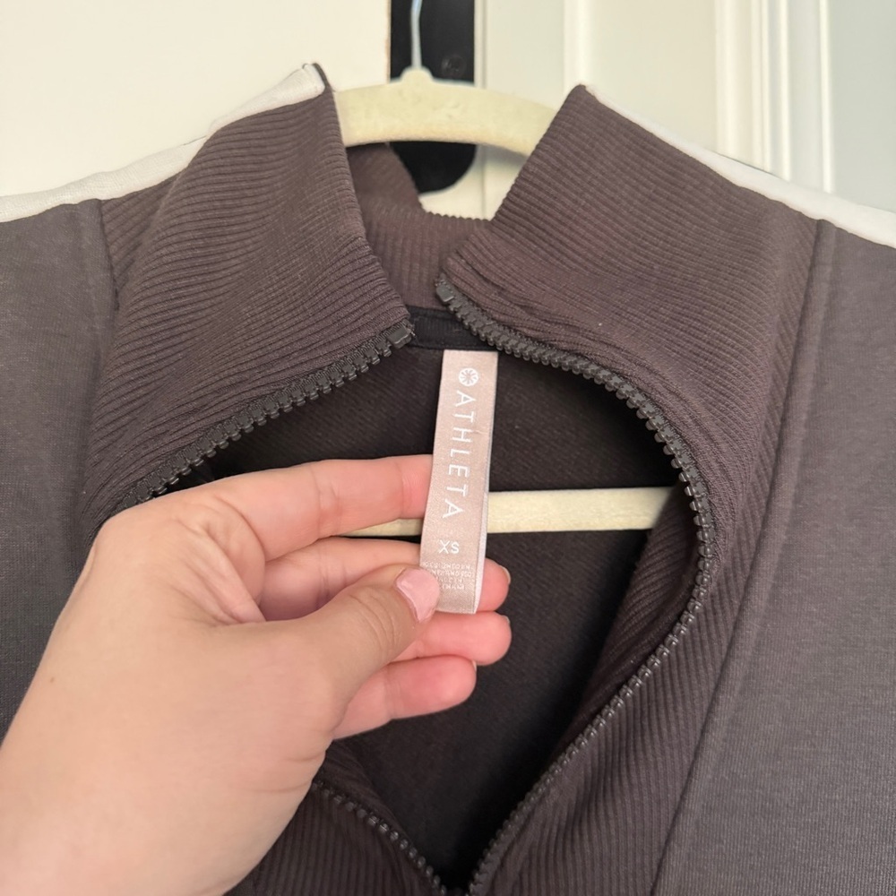 Athleta Brown Circa Track Quarter-Zip Top White Accents Sweatshirt Dress 2.0 - Picture 4 of 7